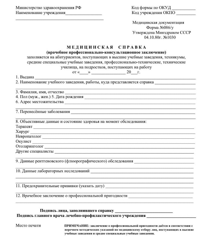 Справка 086 для опекунства в СПб